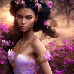 black skin fairy, beautiful portrait, flowery landscape