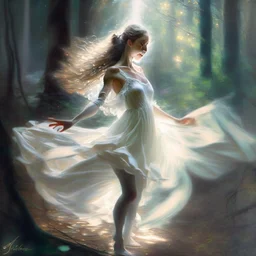 A sweet delicate music surrounding a gracious girl dancing barefoot in a forest, detailed beautiful face, she's wearing a white transparent dress, looks like a painting, volumetric lighting, depth of field