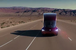 A Tesla 'Semi' (semi truck) is going at a high speed, in the Mojave Desert. (CINEMATIC, WIDE ANGLE LENS, PHOTO REAL)