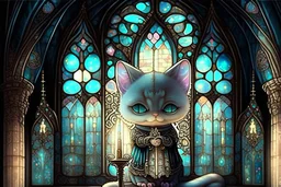 Cute chibi antropomorphic bioluminescent cat priest in a gothic church, tiffany glass windows extremely detailed intricate very attractive beautiful high definition crisp quality Nicoletta Ceccoli Catrin Welz-Stein Meghan Duncanson Dee Nicerson Naoto Hattari