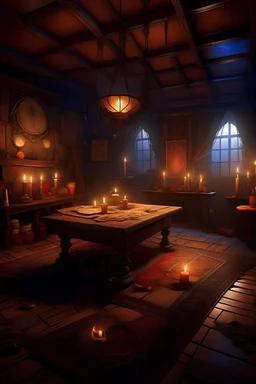 Ein Wahrsage-Zimmer im Fantasy Stil, nebelig von Räucherstäbchen im Kerzenlicht