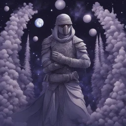 The Muslim commander in a battle dress made of galaxies and stars with a glove that has seven endless stones with a powerful army behind him A forest with dense trees in space between galaxies