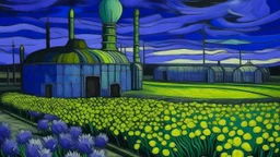 A lavender nuclear plant with bombs painted by Vincent van Gogh