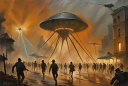 Michael Alford painting of the war of the worlds at night the humans are scared and running away trying to survive the heat ray