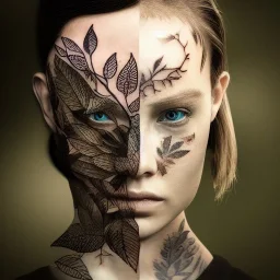 "full face tattoo of forest, leaves, gnarled branches morph into reality, 8k resolution, high-quality, fine-detail, intricate, digital art, detailed matte, volumetric lighting, illustration, octane render