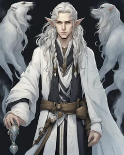 a young High Elf frost Wizard with long wiry hair, wearing a black trimmed white nobleman's robe and frost ornaments on clothes, with a small weasel on his shoulder