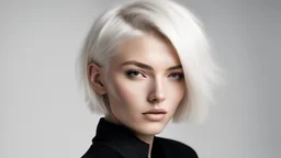a beautiful model with short blonde white hair and black clothes, white background, minimal side light,