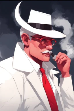 An old male crimson red tiefling wearing a white police comisioner outfit, he is also wearing glasses, he has a white scruffy mustache, and a slick black fedora.