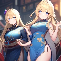 Clear focus,High resolution, Blonde hair, and blue eyes, kawaii style, wearing a Chinese Traditional dress