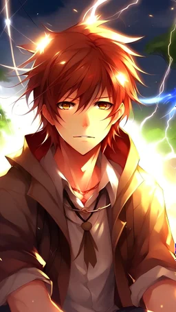 Fanatsy world, anime, auburn hair 16 years old man, lightning user