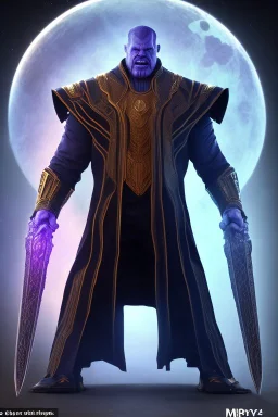 Thanos is the god of power and evil The commander wears a black cloak and a long coat with long combat boots and a long spear with a hat under his cloak with blue flame eyes, a sword like a spear The sun in the palm of a brave man in the middle of the desert