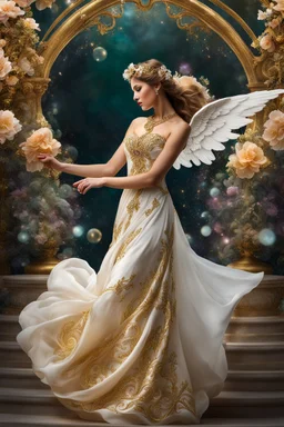 Photography Angel wearing a magical gown of swirly flowing marble water gold filigree curlicues, flowering flowers, bloom, sparkle, ornamental gilt, diamonds, rubies, emeralds, sapphires, beautiful, delicate, intricate, elegant, graceful, shiny, Hyperrealism, Rococo, expressive, spherical, zoom out, volumetric lighting