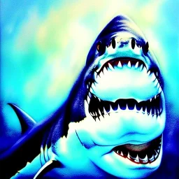 Epic oil Drawing of Photorealistic dramatic hyperrealistic,ultra realistic,with scars old Great White Shark, underwater, daylight ,by WLOP, Artgerm 8k