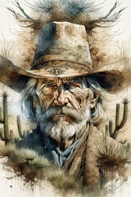 The old Cowboy of the Desert, double exposure cowboy face formed by a old weatheredmud hut with cactus and tumbleweeds around it, watercolor by Jean-Baptiste Monge and Yossi Kotler, Modifiers: sharp focus extremely detailed intricate oil on canvas portrait hyperrealistic high definition crisp quality