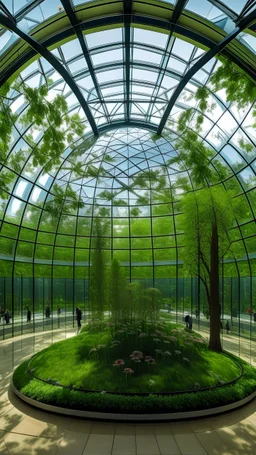 A view from inside a huge glass structure in the shape of a hemisphere, the glass structure is full of various trees and flowers