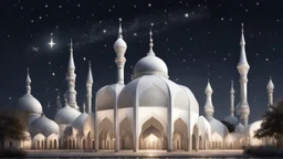 Hyper Realistic White-&-Silver-Mosque with beautifully-crafted-domes-&-minarets & light-lamp-stand at beautiful dark night with stars on sky & few men worshiping