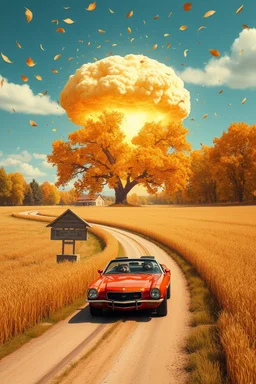 a nuclear explosion mushroom cloud that looks like a autumn tree full of leaves, leaves falling everywhere. bottom 2/3 is a curved dirt road through a wheat field, a wind is blowing away from the tree. a business front is in the middle of the left field, large in front on the road is a 1971 Camaro convertible with 2 animated racoons inside