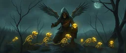 ninja necromancer in the wild, raising glowing raven skeleton rat babies