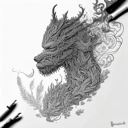 Pencil Sketch a composition where smoke transforms into a mythical creature, intertwining with intricate patterns formed by crushed weed leaves, creating a visually captivating and balanced artwork.