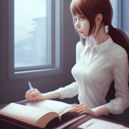 Anime, female student studying under window, studying lesson, perfect face, cool face, ultra detail, unreal engine 5, cinema4d, sun light, studio lighting --ar 1:1 --v 4