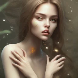 woman with Light-brown long hair, dark fantasy setting, ethereal, soft lighting, soft green eyes, medium cheeks, big forehead, wide chin, small nose, Portrait of mutant, perfect composition