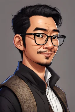 profile cartoon image from photo, with glasses, bold, wearing a tarboosh and a black vest, asian, male