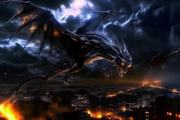 black dragon flying across the city at night dark fantasy lightening legs outstretched