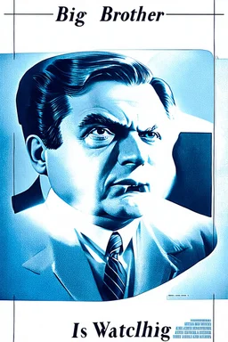 an old poster with "BIG BROTHER"(across top) "IS WATCHING"(across bottom) and the scowling face of a dictator in the middle. black and white printed poster on old paper
