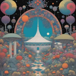 [geometric tessellation by W. Heath Robinson] a retro-futuristic world where nightmares and false realities intertwine, bathed in the psychedelic hues of flower power and trippy colors. In this dark sci-fi realm, macabre visions dance with hippie aesthetics, blending the mystique of tarot with the allure of pin-up girls in a mesmerizing display of contrasts.