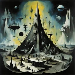 photogram of several separateterriors each with a unique terrain, terriors are contained in circular pyramidal and square levels, expansive, sinister, dark vibrant colors, contrasting colors, cel shaded, surreal, by Yves Tanguy, by Denis Forkas, by Ashley Wood, smooth matte oil painting, meander art