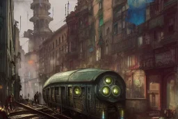 Train run raid Train Canal River and corner shop greengrocer in colorful Italian street+Gothic city+BioShock+Dishonored+Bloodborne +trieste+Edinburgh+Chicago+victorian London+decòpunk Skyscraper+ +steampunk+biopunk+alphonse mucha, greg rutkowski,matte painting, cryengine, hyper detailed, felix kelly, fantasy art, seb mckinnon