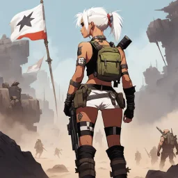 small tank girl young seen from the back with a white flag blocks tall orcs and giants, she is the soldier of peace