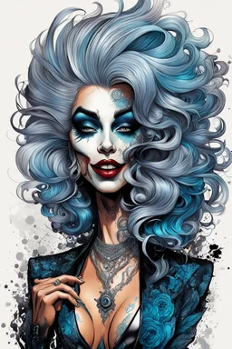 highly detailed full color, caricature concept illustration of a seductive female Silver Fox Blues singer , maximalist, sharp focus, highest resolution, in the styles of Ralph Steadman, Al Hirschfeld, and Alex Pardee, , boldly inked, 8k, coarse, gritty textures