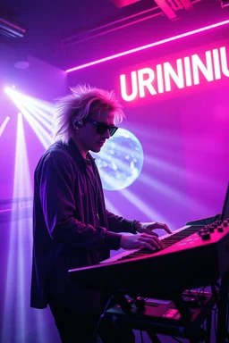 French cool synth player with crazy techno acid hair, he is called "Jean-Maurice Brûlée" performing at dance club, his name is "Jean-Maurice Brûlée" , white and purple Neon lights and purple smog, and "URINIUM" big sign on the wall, he is playing on synthesizers on stage with lot of laser beams and wearing black sunglasses, an earth is projected in background