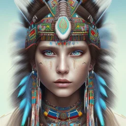 war painted pueblo Indian female,detailed eyes, blue eyes,, disturbed expression.intricate detaile,thnically accurate face, intricate head dress,detailed turquoise jewelry, detailed hair, detailed feathers, use dynamic palette, accurate proportions, high contrast black smokey bokeh background.studio ghibli,andrea bonelli, style.