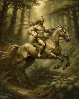 A centaur majestically galloping through the dense forest in the style of gustav dore, fantastical landscape, soft strokes , mythology portrait, classic painting