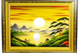 cartouche japanese oil painting of a sunrise