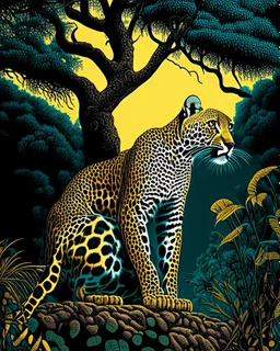 Leopardo coherente Arte retro obra de arte 4k cuerpo completo árboles detallado impactante nitido