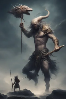 A worrier holding a spear fighting with a creature from another world