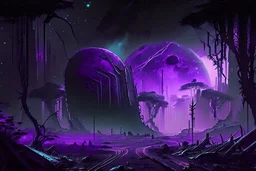 Intact & Functional Sci-fi Colony, Alien Planet Corrupted Forest, Dense Purple Fog, Dead Soil, Broken Roads ,Black Night Sky, Stars, Space, Distant Planets