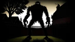 Create an image showing the silhouette of the Anfield Monster, with its three legs and short body, lurking in the shadows of a backyard.