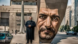 a big man in a modern street in Tehran with a tower.