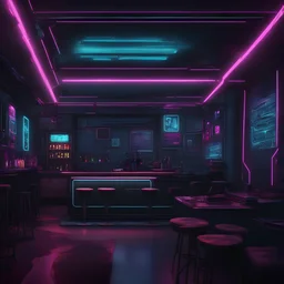 cyberpunk bar with simple shapes and neon lights. Add windows looking into space