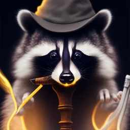 slobbering racoon tounge, Rendezvous,dark figure with scythe, full body, glowing eyes, grey mist, light rays, torch,ass face, long striped hair swirls, fog, smoke, fine pencil