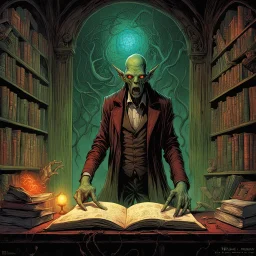 the librarian of horror, horror art, concept art, by Michael Whelan and Ben Templesmith and Wes Benscoter, sharp focus, expansive, rich deep colors, dynamic lighting, Whelan's visceral style, 64K res, lovecraftian, surreal, concept art, modern comic book art