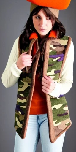 Brunette she. average body type. Mantle is sewed of recycled Denim and sewed together of camouflage pieces. Camouflage colors are orange,terracotta, cream and purple. It is with big bright purple felt tippet and cream-colored-hood. mantle is merged with satchel. . AKG-style headphones (gold rings!) is merged with small felt cap with small visor. Style: Haute Couture in 1936, Paris fashion in 2023, inspired by street art. Cream latex gaiter. Her head and rest body!