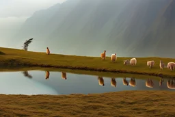 alpacas, peru, mountains, reflection, mist, sunrise