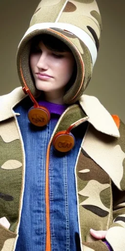 Image shows wholly a Brunette. average body type. Mantle is sewed of recycled Denim and sewed together of camouflage pieces. Camouflage colors are orange,terracotta, cream and purple. Cream latex gaiter. Big bright purple/khaki felt tippet and cream or blue or lilac colored-hood. mantle is merged with satchel. . AKG-style headphones (gold rings!) is merged with small felt cap with small visor. Style: Haute Couture in 1936, Paris fashion in 2023. More yellow(Munsell)!!!