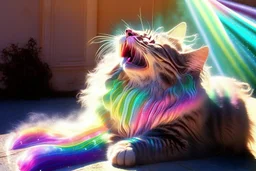 vomiting maine coon cat vomits a holographic rainbow in sunshine