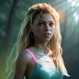 Shakira, artist, Realistic image, waist up portrait. perfect eyes, glow, circle iris. concept art, smooth, unreal engine 5, god lights, ray tracing, RTX, lumen lighting, ultra detail, volumetric lighting, 3d, finely drawn, high definition, 4k.